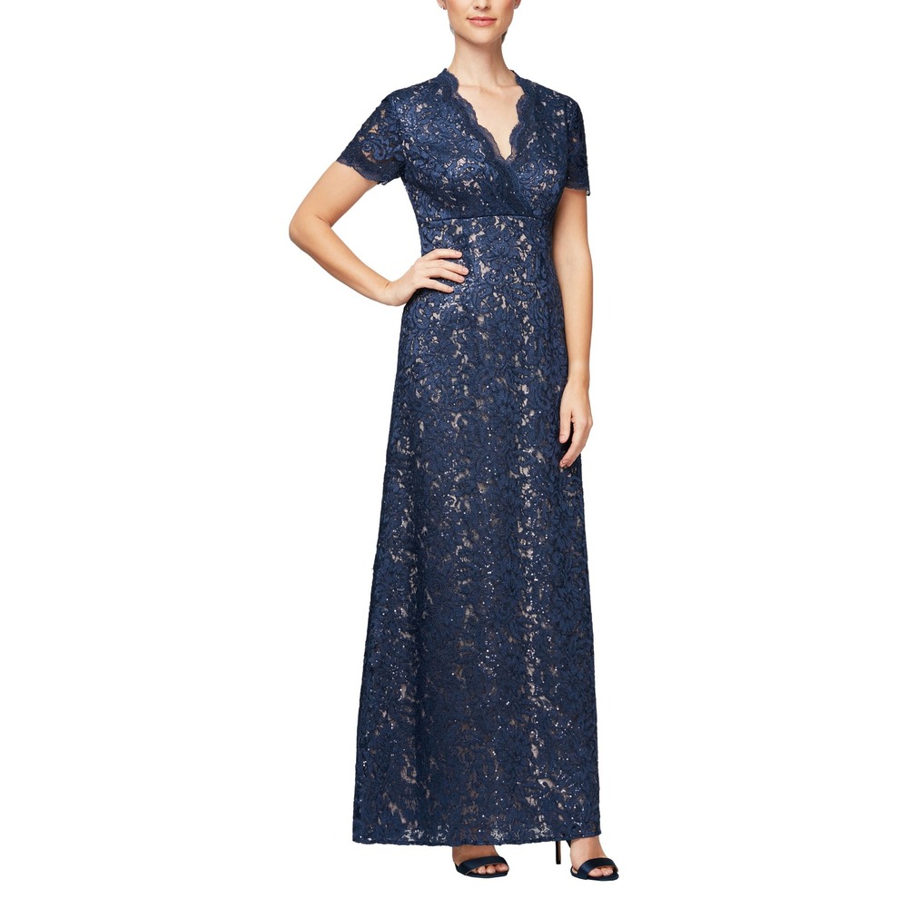 Alex Evenings Navy Blue Sequin Floral Lace Gown V-Neck Short Sleeve Dress 6 NEW
